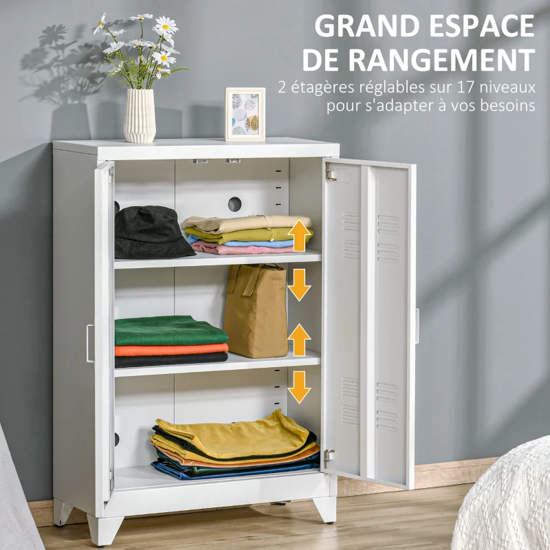 HOMCOM Armoire de bureau à 3 niveaux meuble de rangement bureau métallique 2 portes étagères réglables 75 x 33 x 110 cm blanc