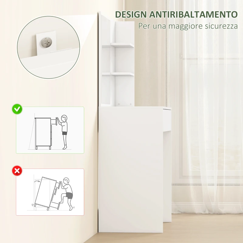 HOMCOM Tavolo da Trucco con Specchio, 3 Ripiani ad Angolo e Cassetto, in Legno e Vetro, 75x40x137 cm, Bianco