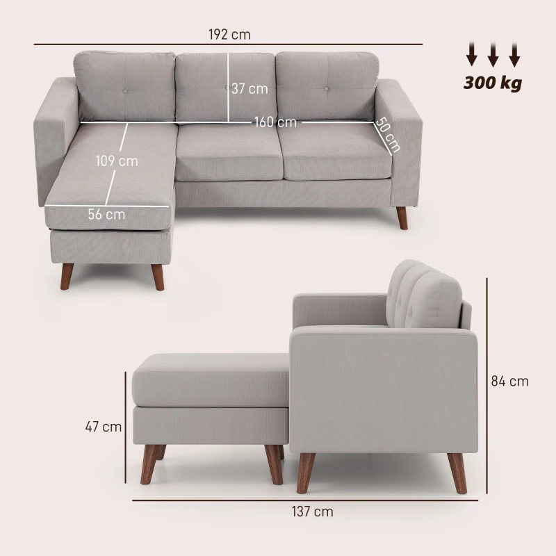 HOMCOM Canapé d'angle réversible en velours côtelé, canapé 3 places avec méridienne, cadre en acier, 192x137x84cm, gris clair