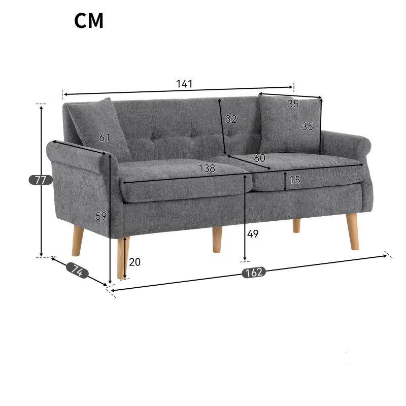 Canapé 2 places moderne en tissu chenille avec coussins épais, pieds robustes en bois massif, 162x74x77 cm, Gris