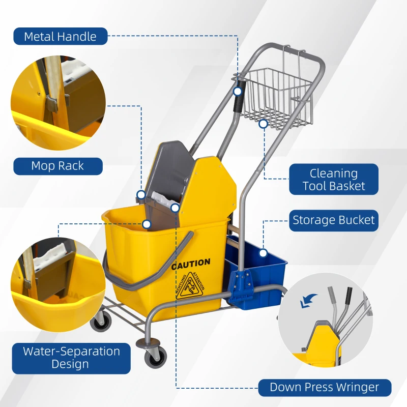 HOMCOM schoonmaakwagen, mopwagen, 25 L inhoud, 4 wielen, kunststof, geel