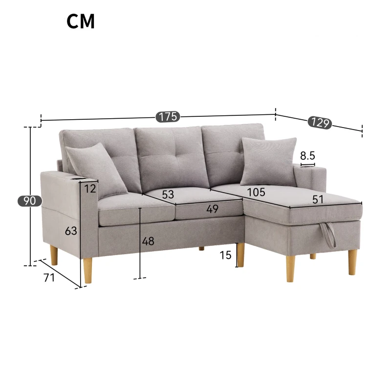 Canapé d'angle moderne en L, 3 places avec méridienne et rangement, porte-gobelet intégré, 175x129x90 cm, Gris clair