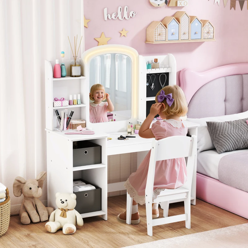 AIYAPLAY Coiffeuse pour enfants avec tabouret et miroir LED, table de maquillage pour 3 à 8 ans, 104 x 40 x 112 cm, blanc
