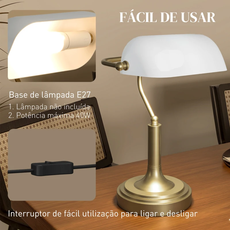 HOMCOM Candeeiro de Mesa Banqueiro Candeeiro de Mesa Vintage E27 com Ecrã Orientável a 45° 26,8x22x39,5 cm Branco