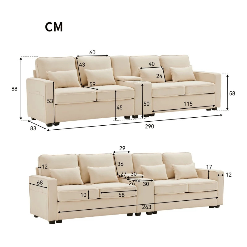 Canapé 4 places moderne en tissu de lin, avec console, 2 porte-gobelets, 2 ports USB, 290x83x88 cm, Beige