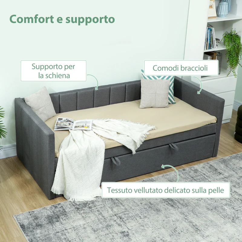HOMCOM Letto Singolo con Secondo Letto Estraibile, Rivestimento in Tessuto e Braccioli, 205x181x70 cm, Grigio Scuro