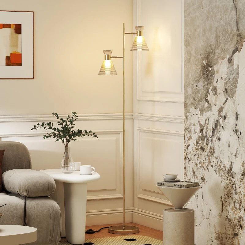HOMCOM Lampadaire sur pied salon à double tête réglable, lampe sur pied, abat-jour en verre floral, 42 x 25 x 165 cm, doré