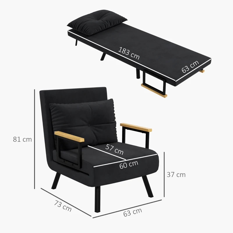 HOMCOM Poltrona Letto 3 in 1 con Schienale Reclinabile in 5 Posizioni e Cuscino, 63x73x81 cm, Nero
