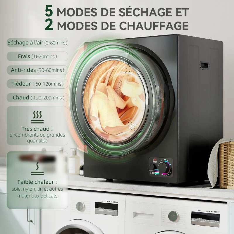 HOMCOM Sèche-linge électrique portable 850W, capacité 33L 4 modes de fonctionnement, acier inoxydable, 49 x 40,5 x 60 cm, noir