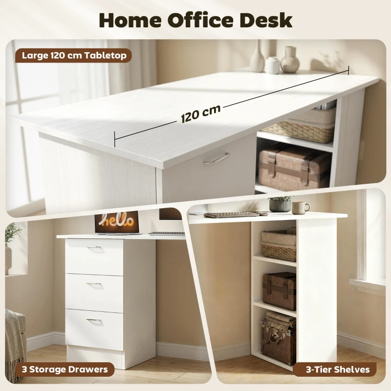 HOMCOM Computer Table, 120cm Home Office Desk, Study Workstation with 3-Tier Storage Shelves and 3 Drawers, White