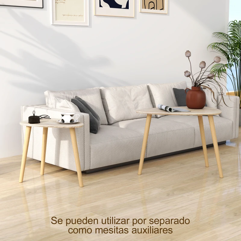 HOMCOM Juego de 2 Mesas de Centro Mesa Nido Moderna Mesitas Auxiliares Patas de Madera de Pino para Salón Dormitorio Natural