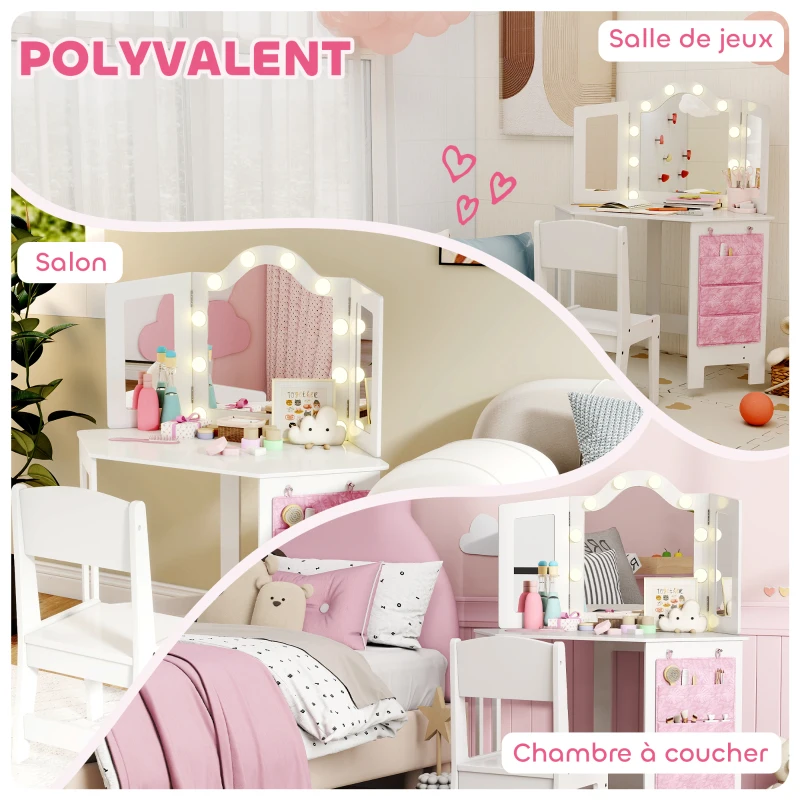 AIYAPLAY Coiffeuse enfant 2 en 1 avec tabouret miroir triptyque et lumières LED bicolores  93,6 x 48,5 x 111,5 cm blanc