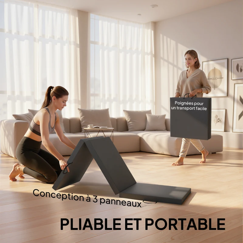 HOMCOM Tapis de gymnastique yoga pilates fitness pliable en 3 panneaux avec poignées revêtement synthétique 180 x 60 x 5cm gris