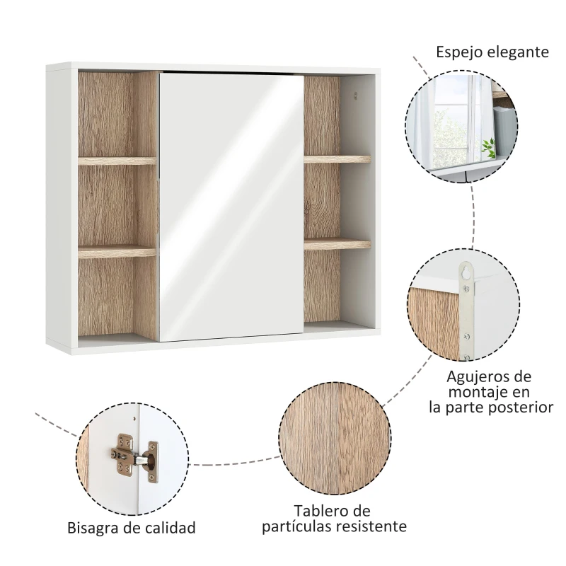 HOMCOM Armario Espejo con Espacio Interno con Estantes Ajustables Armario de Baño Montado en la Pared con Estantes Abiertos 60x14,5x49,4 cm Blanco y Roble
