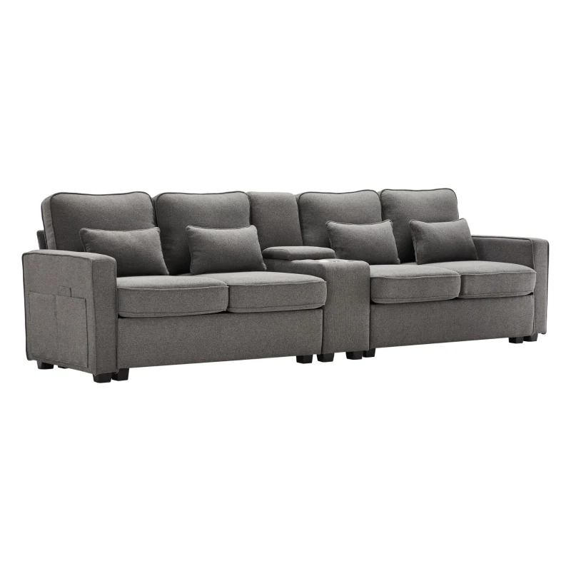 Canapé 4 places moderne en tissu de lin, avec console, 2 porte-gobelets, 2 ports USB, 290x83x88 cm, Gris foncé