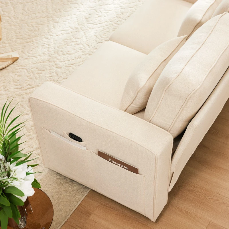 Canapé 4 places moderne en tissu de lin, avec console, 2 porte-gobelets, 2 ports USB, 290x83x88 cm, Beige