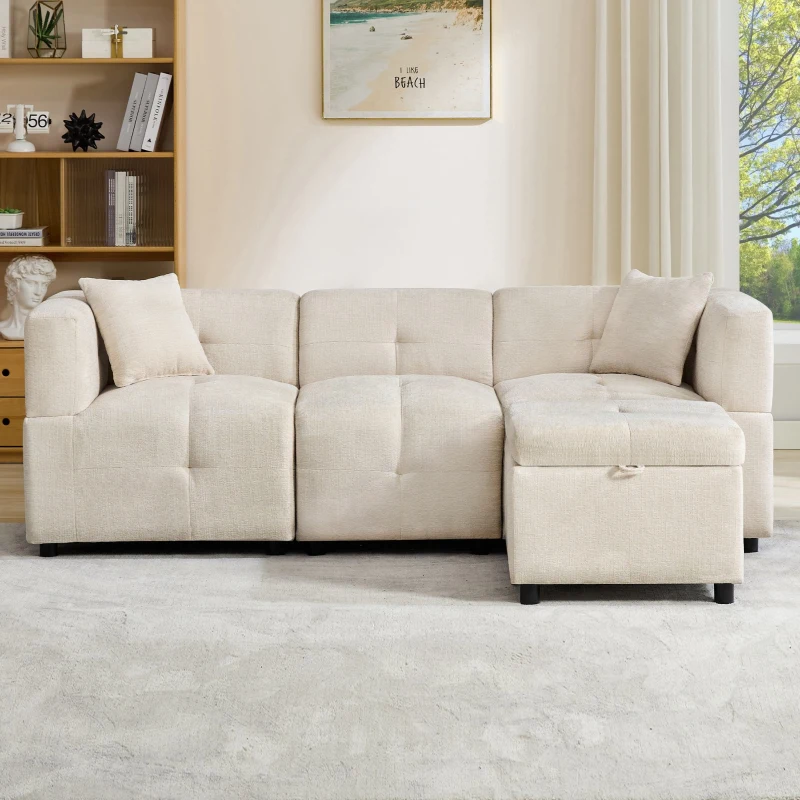 Canapé d'angle 3 places avec rangement, design en L avec pouf amovible et 2 coussins, 204x126x69 cm, Beige