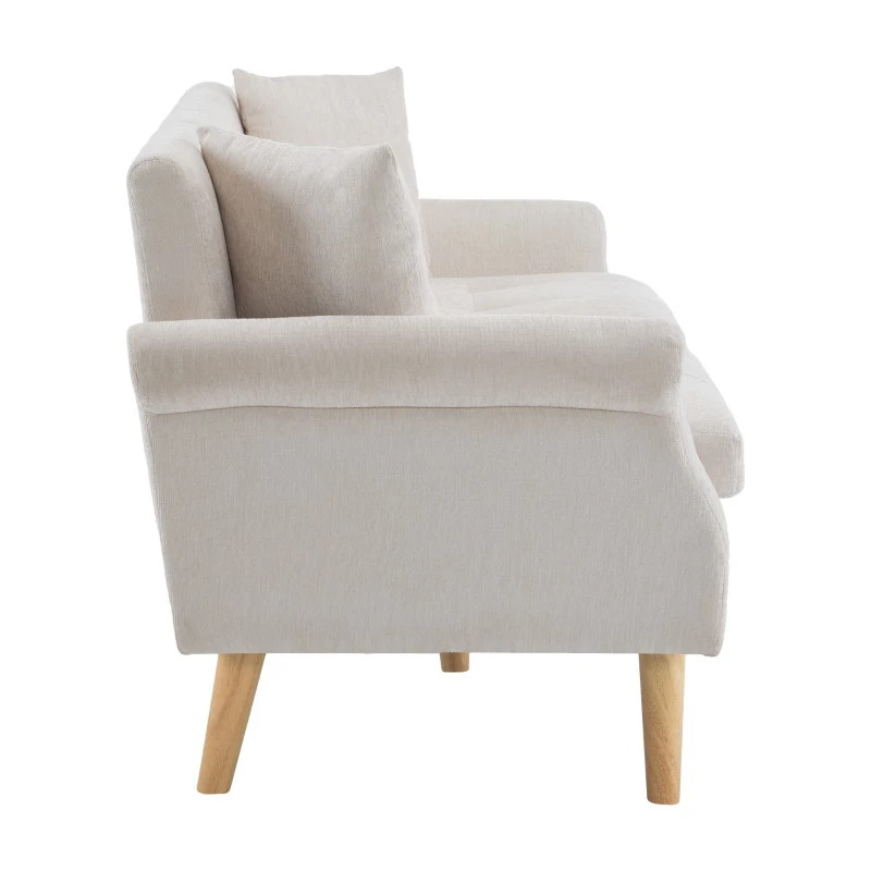 Canapé 2 places moderne en tissu chenille avec coussins épais, pieds robustes en bois massif, 162x74x77 cm, Beige