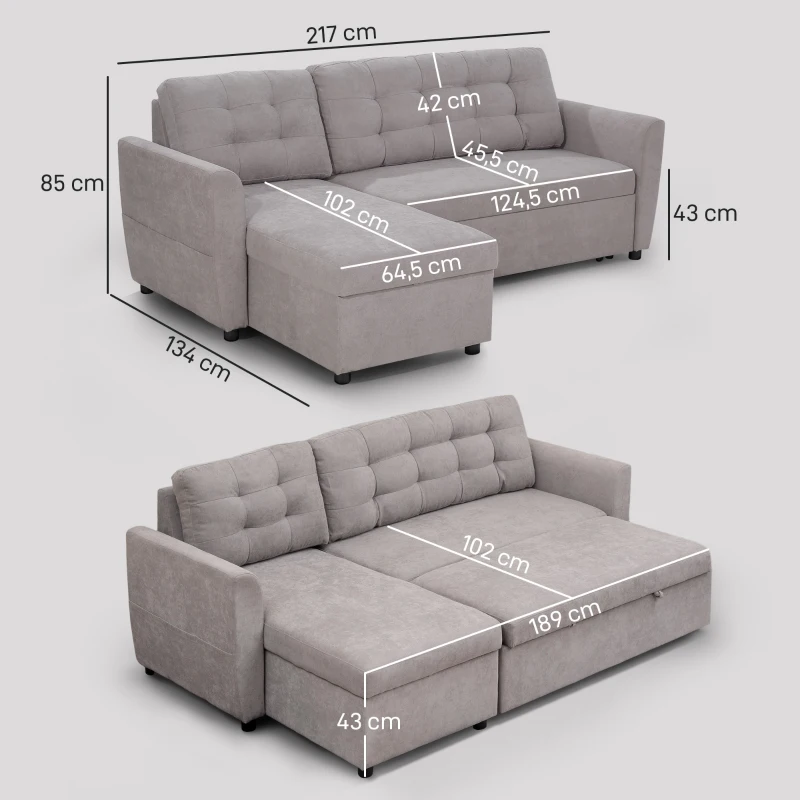 HOMCOM Canapea Extensibila pe Colt 3 locuri cu Sezlong Compartiment din Material Textil(m-3)