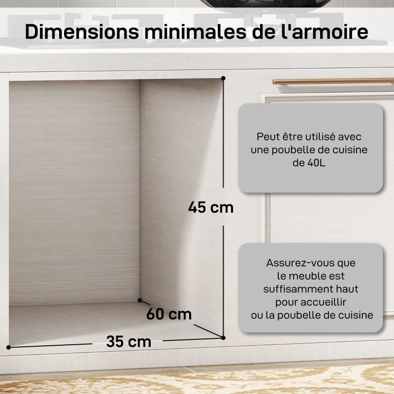 HOMCOM Poubelle cuisine, poubelle sous évier coulissante encastrable avec 2 x 20 L compartiments amovibles, 52x33,5x41cm, gris