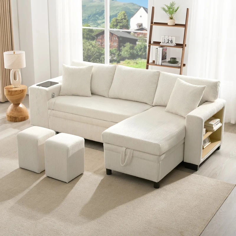 Canapé-lit pliant avec fonction couchage, port de charge USB, tablettes latérales et rangement, 231x131,5x84 cm, Beige
