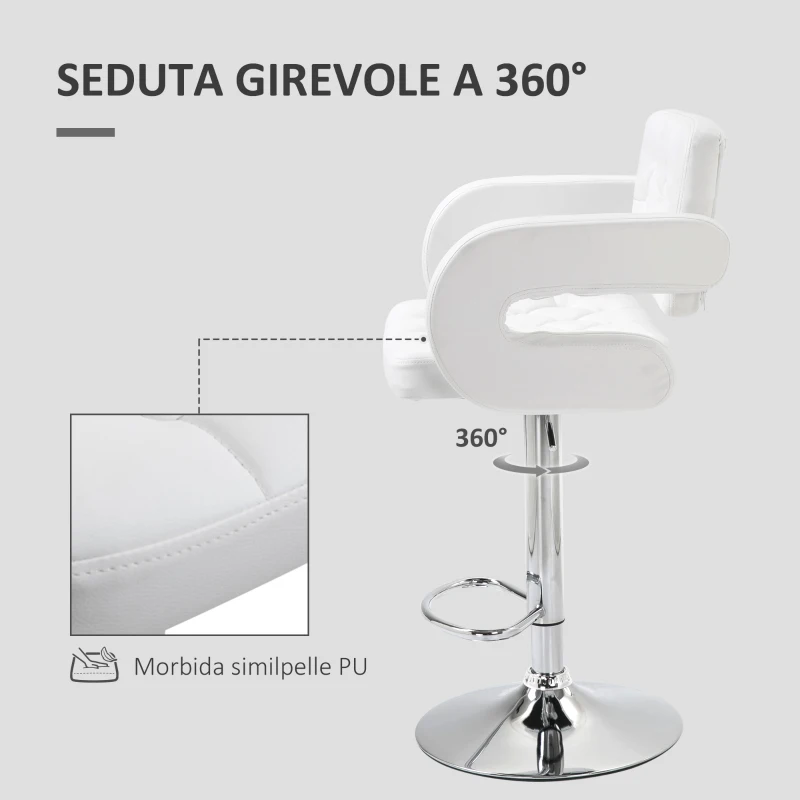 HOMCOM Sgabello Alto Moderno da Bar con Schienale e Braccioli, Regolabile e Girevole, per Cucina o Pub, 64x50x94-114cm, Bianca | Aosom Italy