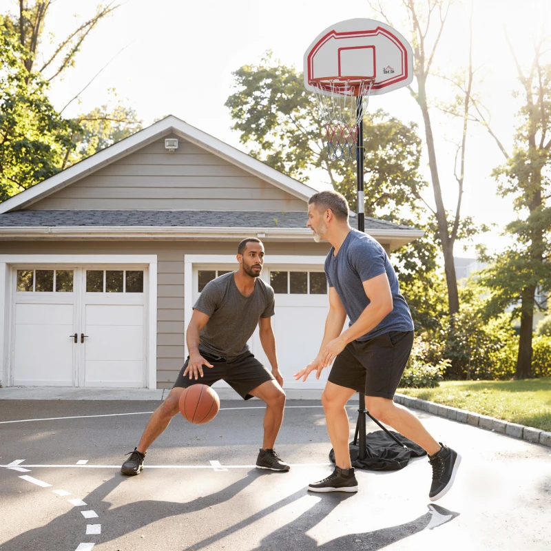 HOMCOM Panier de basket extérieur avec poteau panneau, base de lestage sur roulettes hauteur réglable 2,1-2,6 m (panier) - noir blanc et rouge
