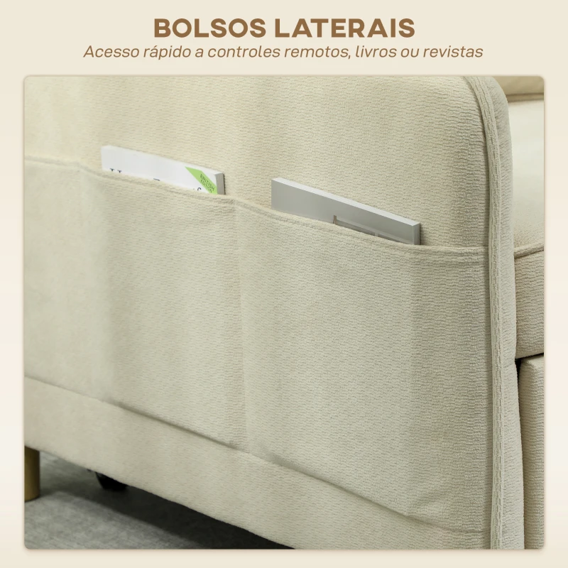 HOMCOM Poltrona Cama Estofado em Veludo Ecológico com Encosto Ajustável 3 Níveis 6 Bolsos Laterais 74x85,5x82 cm Bege