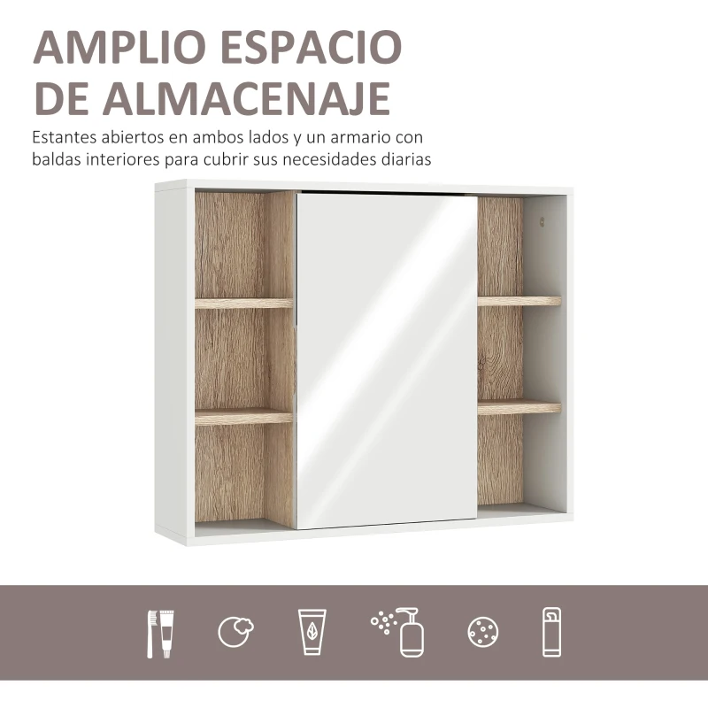 HOMCOM Armario Espejo con Espacio Interno con Estantes Ajustables Armario de Baño Montado en la Pared con Estantes Abiertos 60x14,5x49,4 cm Blanco y Roble