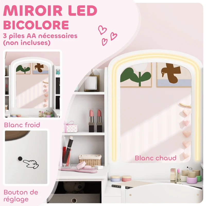 AIYAPLAY Coiffeuse pour enfants avec tabouret et miroir LED, table de maquillage pour 3 à 8 ans, 104 x 40 x 112 cm, blanc