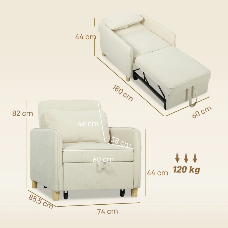 HOMCOM Sillón cama 3 en 1 convertible con función de cama, asiento ancho para salón, Beige