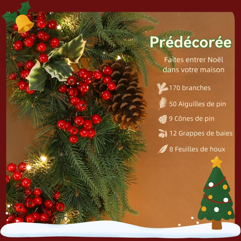 HOMCOM Couronne de Noël lumineuse 60 cm avec 35 LED, minuterie, 170 pointes, pommes de pin, baies, feuilles de houx, vert