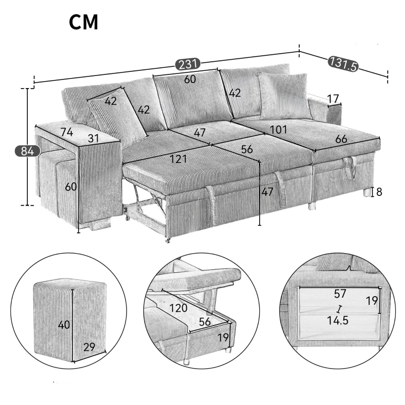 Canapé-lit pliant avec fonction couchage, port de charge USB, tablettes latérales et rangement, 231x131,5x84 cm, Beige