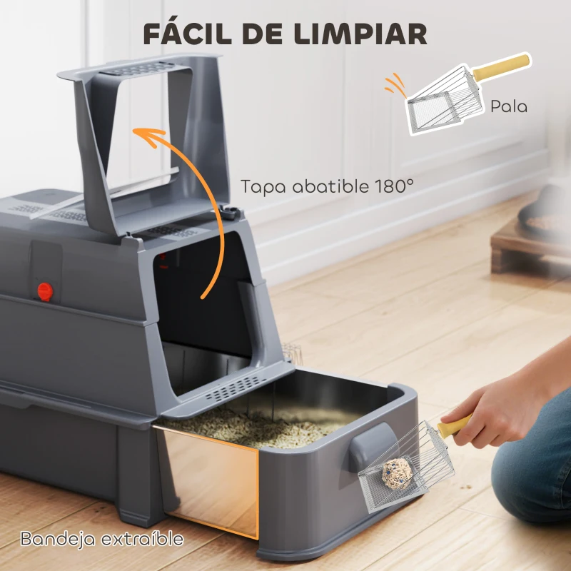 PawHut Arenero para Gatos de Acero Inoxidable XL con Tapa Abatible 180° Laterales Altos Pedal Pala Gris Oscuro
