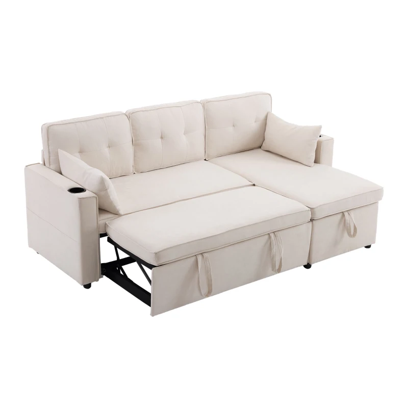 Canapé-lit avec fonction de couchage, canapé en L avec rangement et porte-gobelets, 211x130x86 cm, Beige