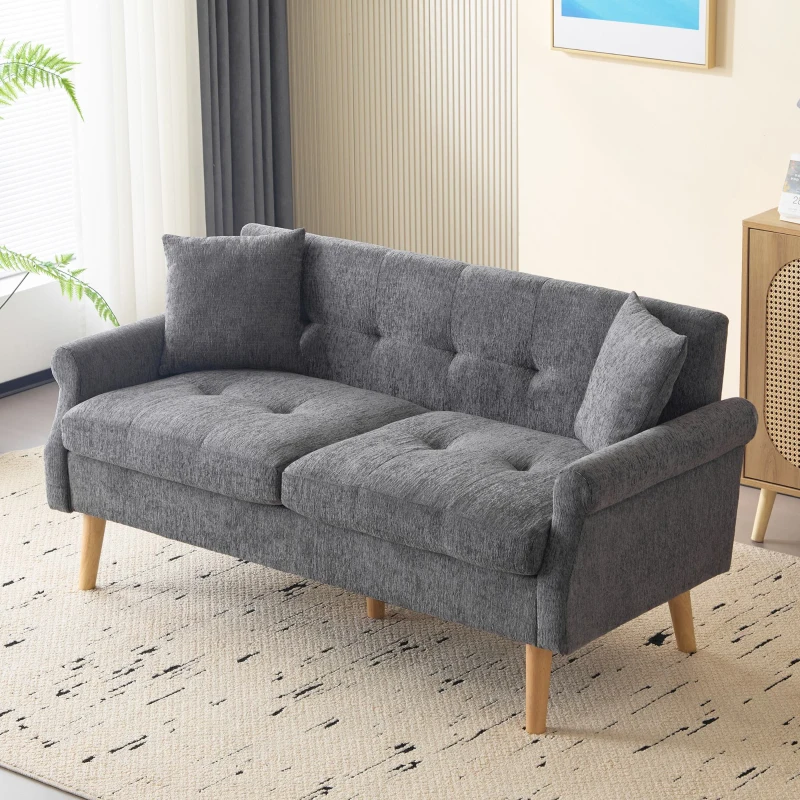 Canapé 2 places moderne en tissu chenille avec coussins épais, pieds robustes en bois massif, 162x74x77 cm, Gris