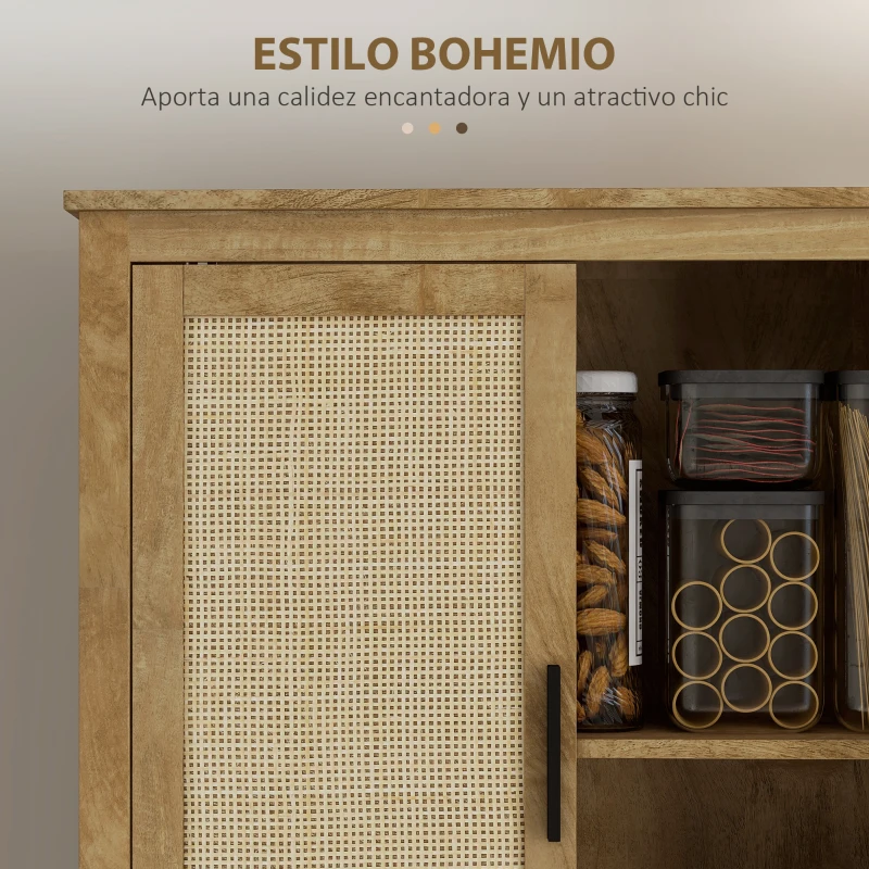 HOMCOM Alacena de Cocina con 4 Puertas de Ratán y Estantes Ajustables Estilo Bohemio Natural 80x33x162,6 cm