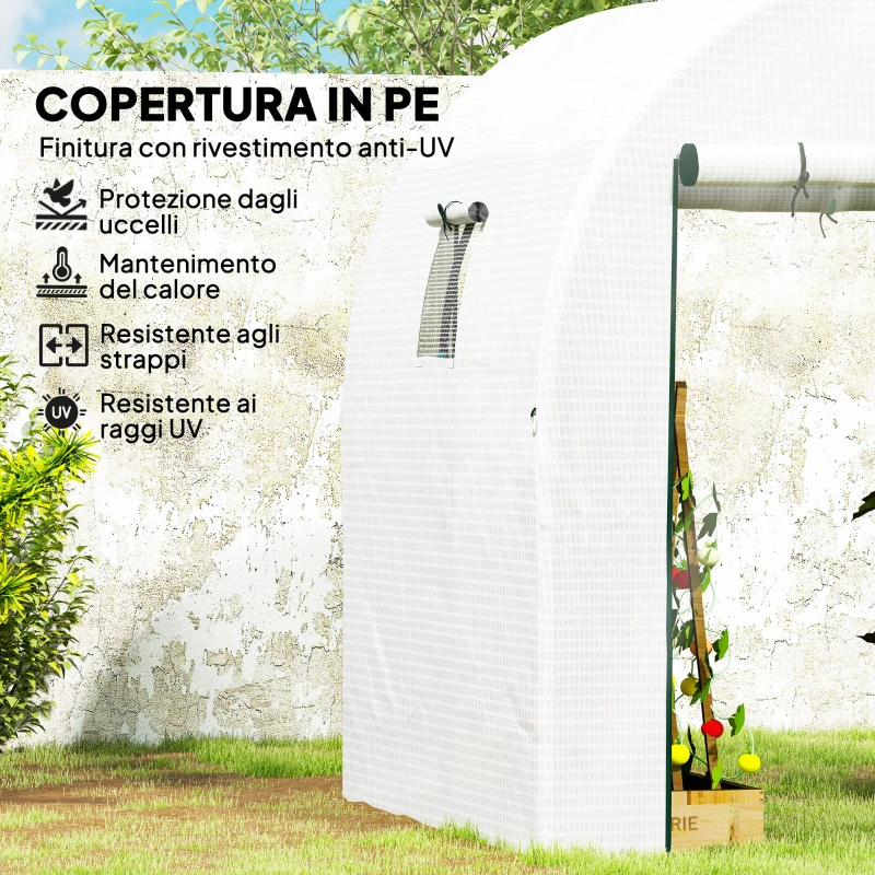 Outsunny Serra a Tunnel per Orto 1.8x1.8x2 m in Acciaio e PE Anti UV con Porte Avvolgibili e Finestre, Bianca