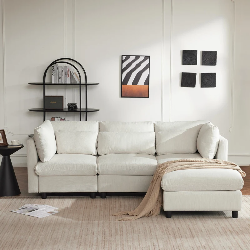 Canapé d'angle moderne en L avec pouf, canapé 3 places en lin, dossier haut et coussins, 220x83x81 cm, Beige