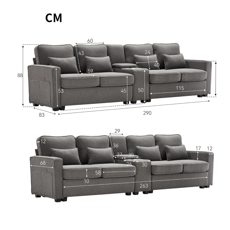 Canapé 4 places moderne en tissu de lin, avec console, 2 porte-gobelets, 2 ports USB, 290x83x88 cm, Gris foncé