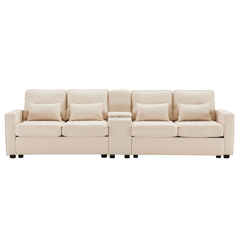 Canapé 4 places moderne en tissu de lin, avec console, 2 porte-gobelets, 2 ports USB, 290x83x88 cm, Beige