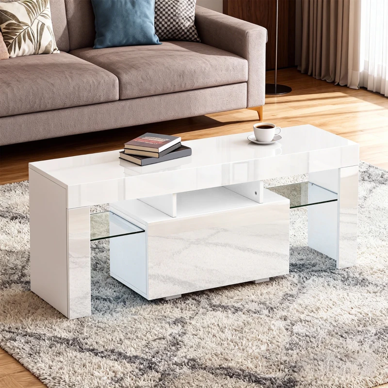 HOMCOM Meuble TV, meuble télé avec éclairage LED RGB, haute brillance, étagères en verre trempé, 120x34x45cm, blanc