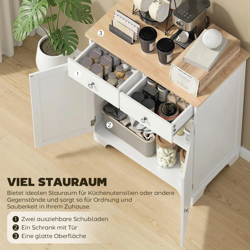 HOMCOM Sideboard, Tischplatte aus Kautschukholz, 2 Schubladen, versetzbarer Einlegeboden, weiß, 68 x 40,3 x 85cm