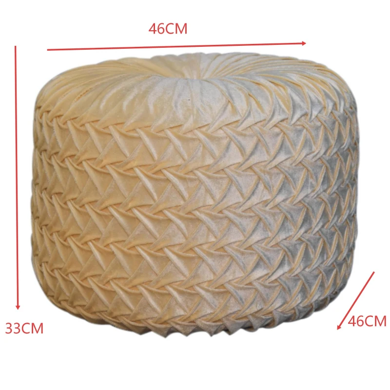 Elegant Velvet Upholstery Pouffe with Crisp White Finish, Handcrafted Pleated Design Footstool for Living Room, 46L x 46W x 33H cm, White