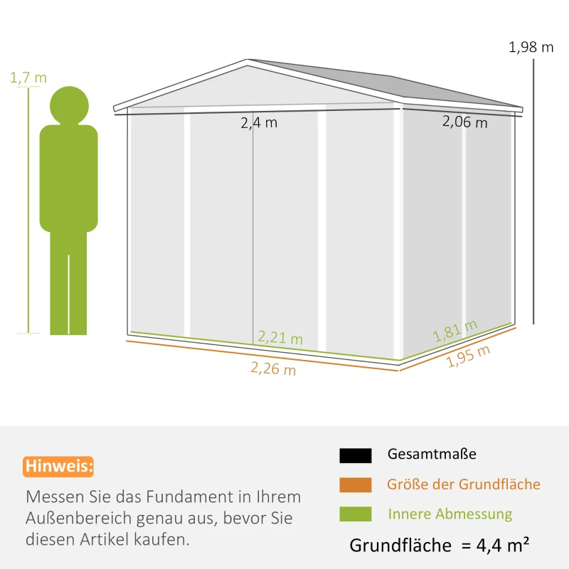 Outsunny Geräteschuppen aus Metall, wetterfest & rostfrei, abschließbar,  2,40 x 2,06 x 1,98 m, Hellgrau