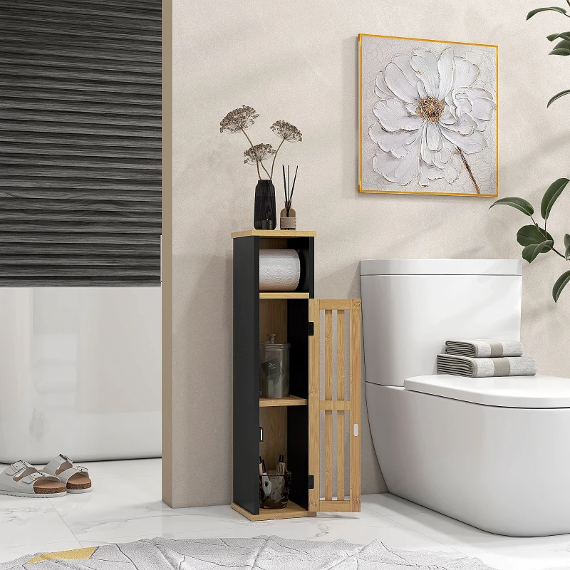 HOMCOM Meuble de salle de bain avec support papier toilette rangement avec barre amovible 2 Niveaux + Sortie Papier MDF Bambou