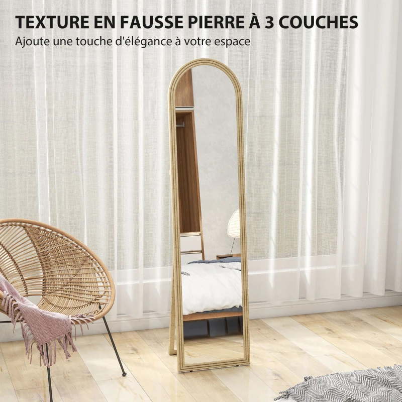 HOMCOM Miroir de sol arqué pleine longueur miroir sur pied cadre en effet imitation pierre pour salon chambre 40 x 160 cm beige