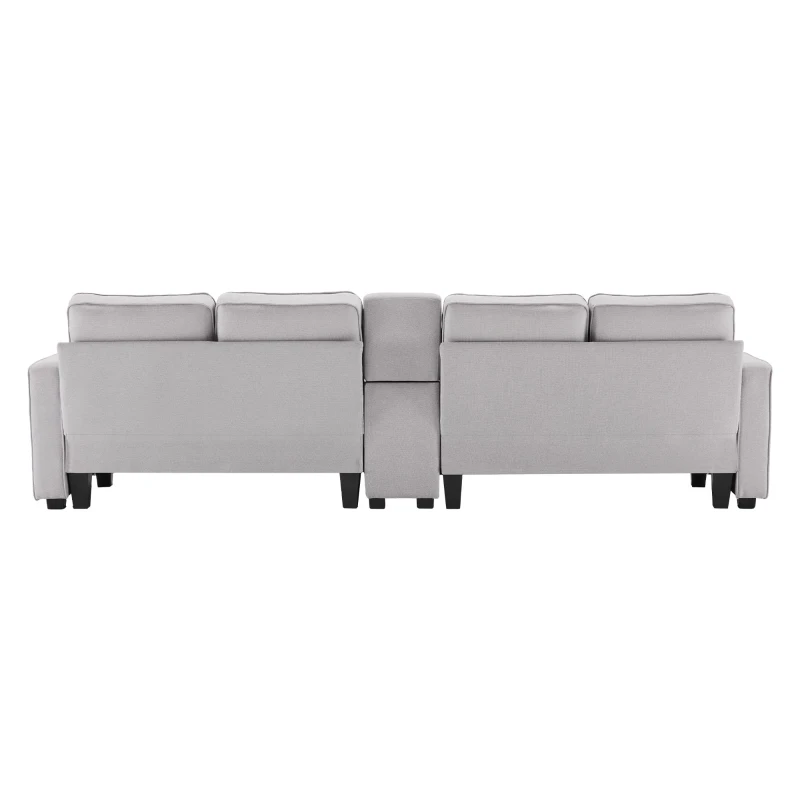 Canapé 4 places moderne en tissu de lin, avec console, 2 porte-gobelets, 2 ports USB, 290x83x88 cm, Gris