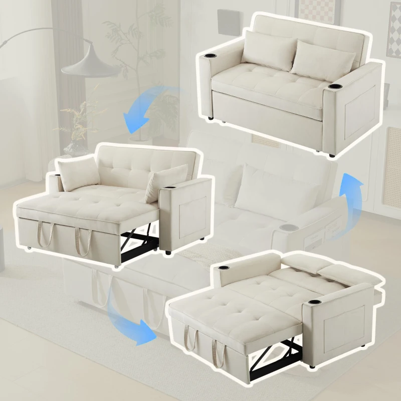 Canapé-lit pliant, canapé multifonction avec fonction couchage, avec porte-gobelet et coussin, 137x76,5x83 cm, Beige