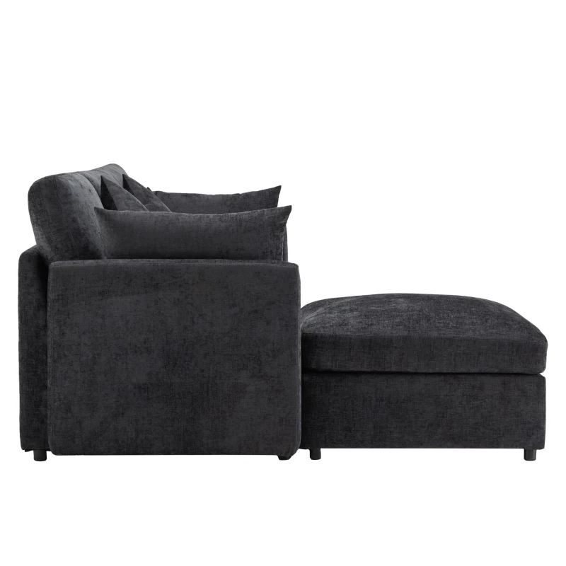 Canapé en tissu chenille moderne, canapé d'angle en L avec pouf et coussins décoratifs, 216x161x81 cm, Gris